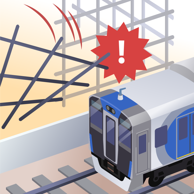 足場が転倒した場合に、列車・架線に支障する恐れがある工事のイラスト